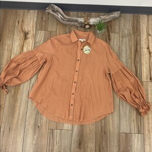 Kye Mi Boho Bohemian Bell Sleeve Button Down Top Blouse in Clay